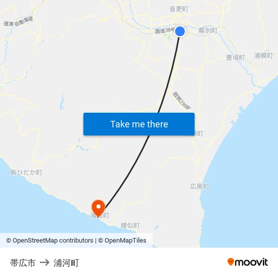 帯広市 to 浦河町 map