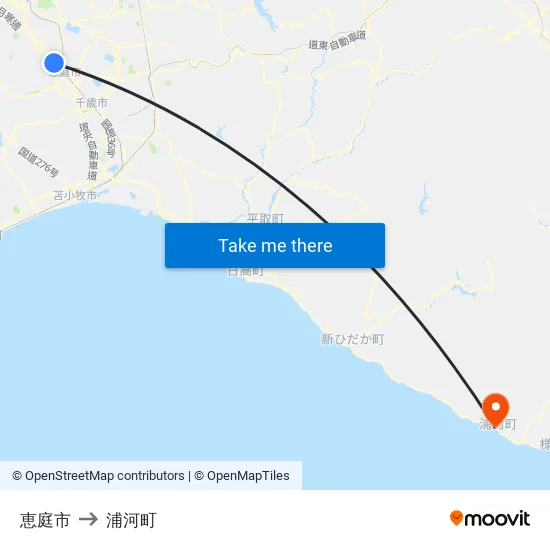 恵庭市 to 浦河町 map