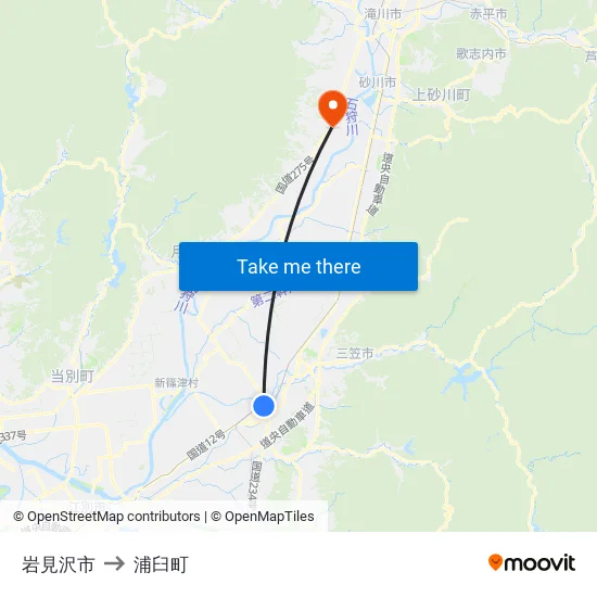 岩見沢市 to 浦臼町 map