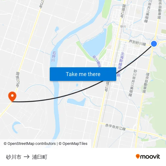砂川市 to 浦臼町 map