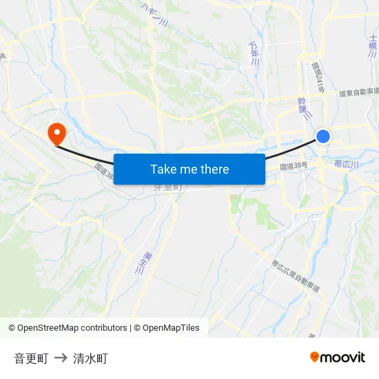 音更町 to 清水町 map