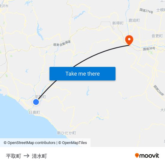 平取町 to 清水町 map
