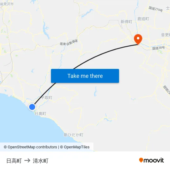 日高町 to 清水町 map