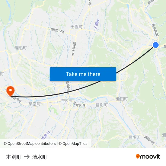 本別町 to 清水町 map