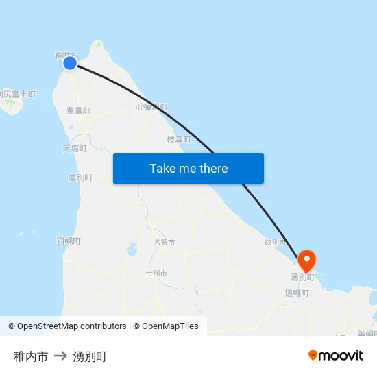 稚内市 to 湧別町 map