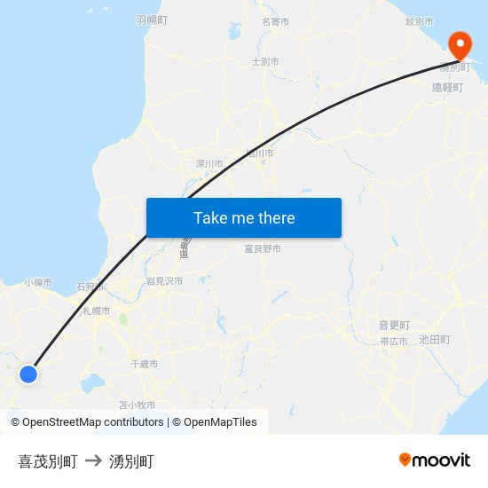 喜茂別町 to 湧別町 map