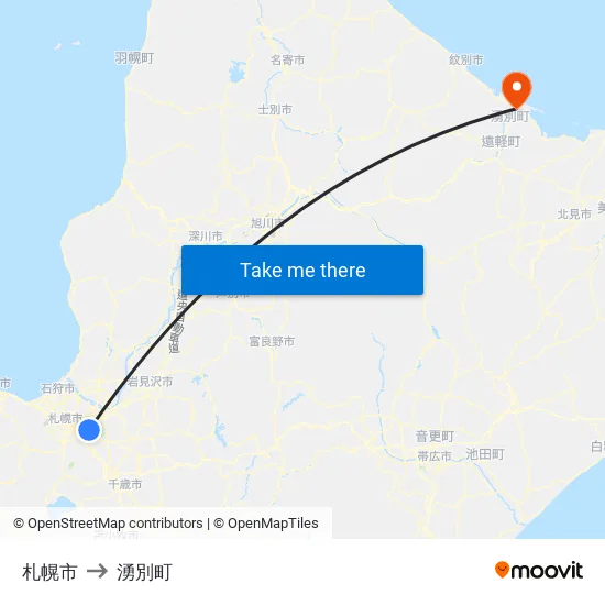 札幌市 to 湧別町 map