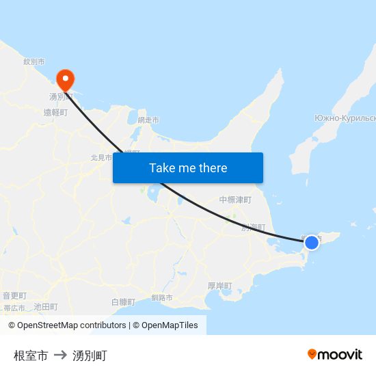 根室市 to 湧別町 map