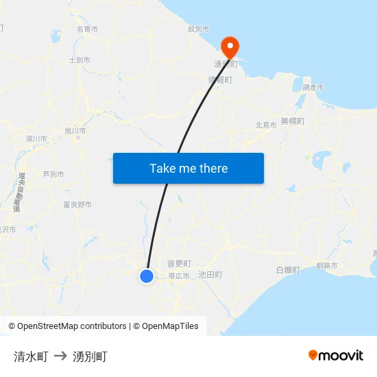 清水町 to 湧別町 map