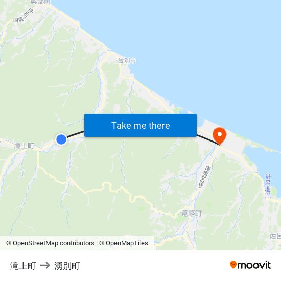 滝上町 to 湧別町 map