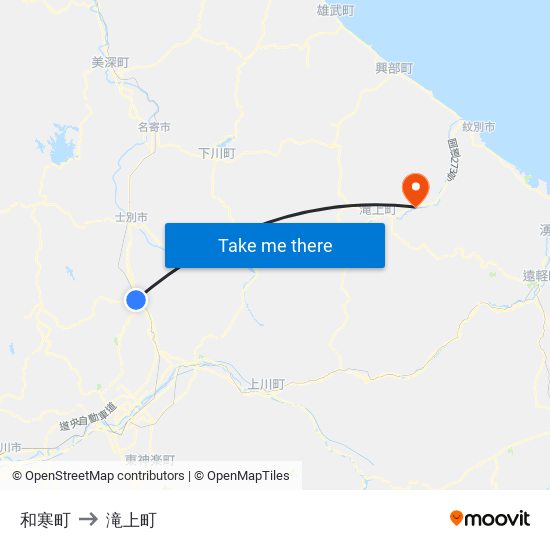 和寒町 to 滝上町 map