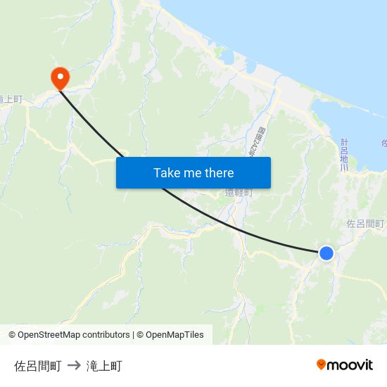 佐呂間町 to 滝上町 map