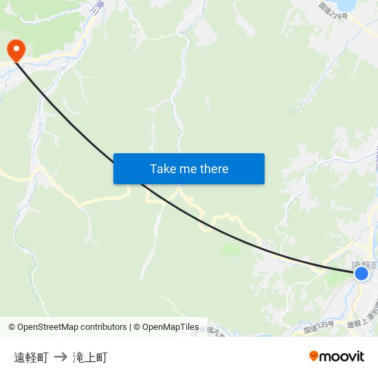 遠軽町 to 滝上町 map