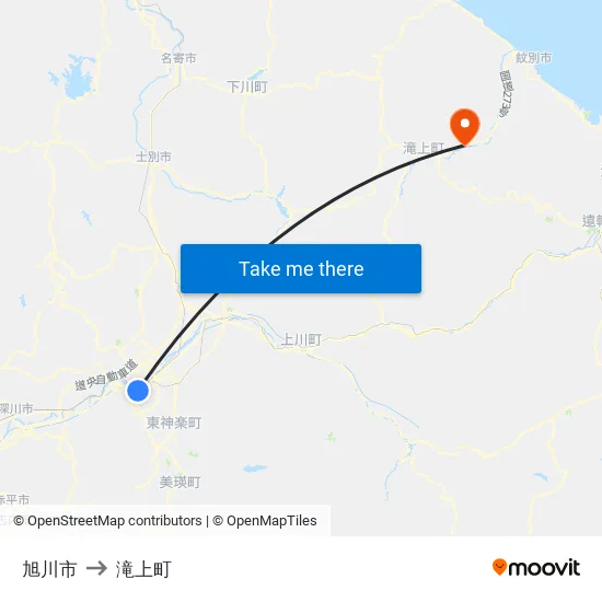 旭川市 to 滝上町 map
