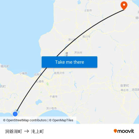 洞爺湖町 to 滝上町 map