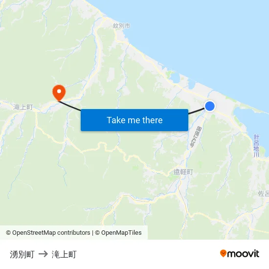 湧別町 to 滝上町 map