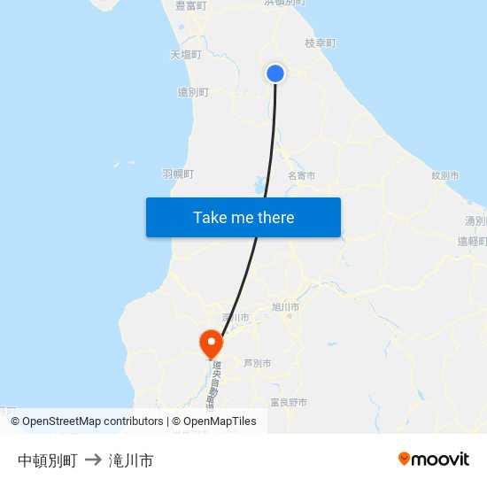 中頓別町 to 滝川市 map
