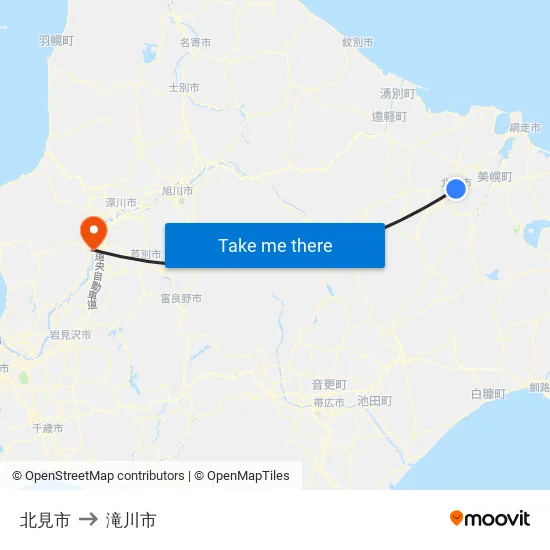 北見市 to 滝川市 map