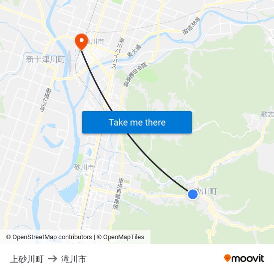 上砂川町 to 滝川市 map