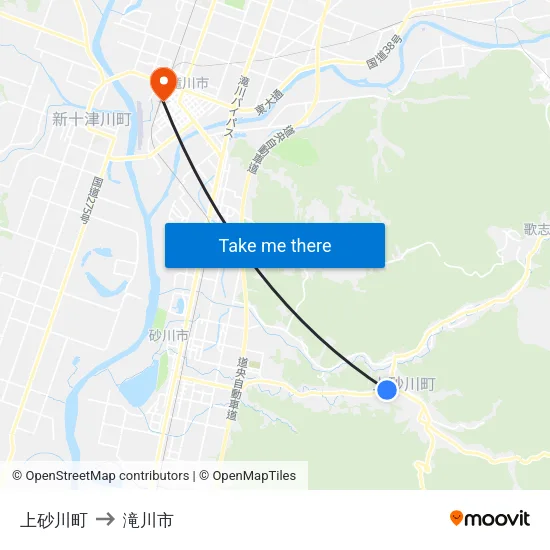 上砂川町 to 滝川市 map