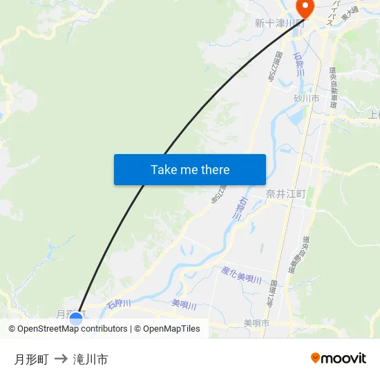 月形町 to 滝川市 map