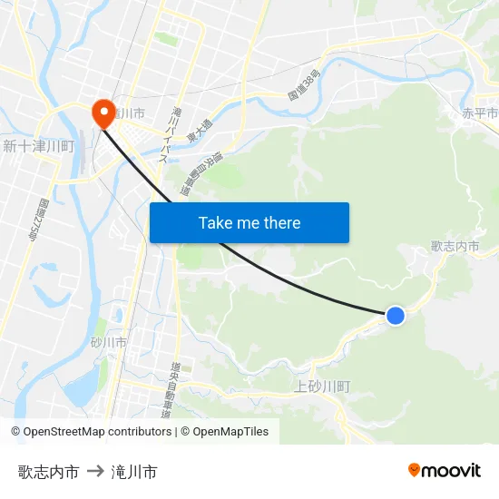 歌志内市 to 滝川市 map