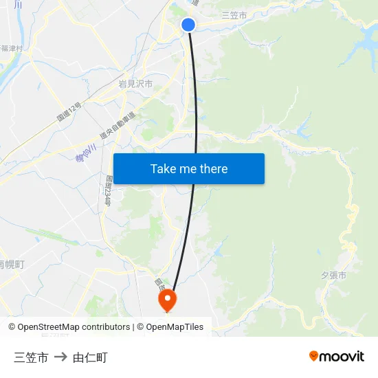 三笠市 to 由仁町 map