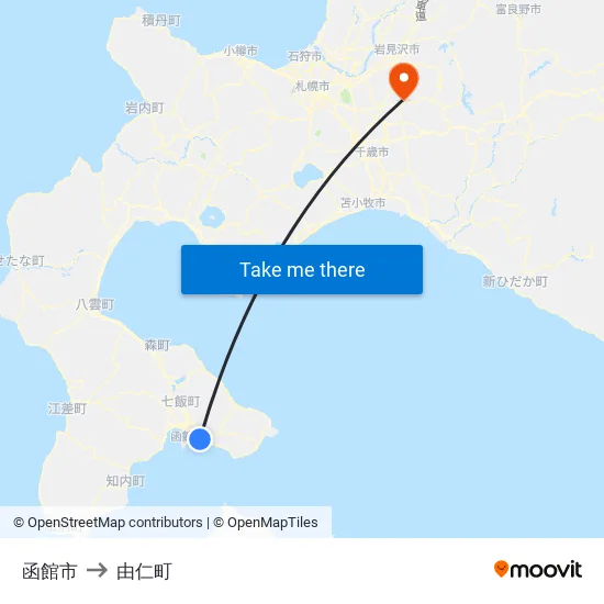 函館市 to 由仁町 map