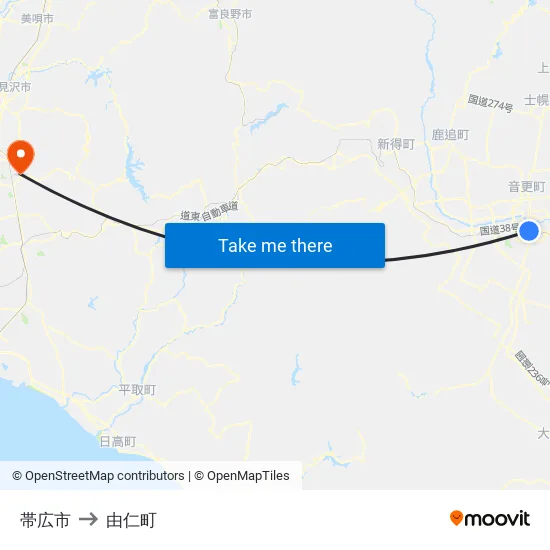 帯広市 to 由仁町 map