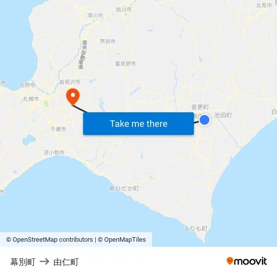 幕別町 to 由仁町 map