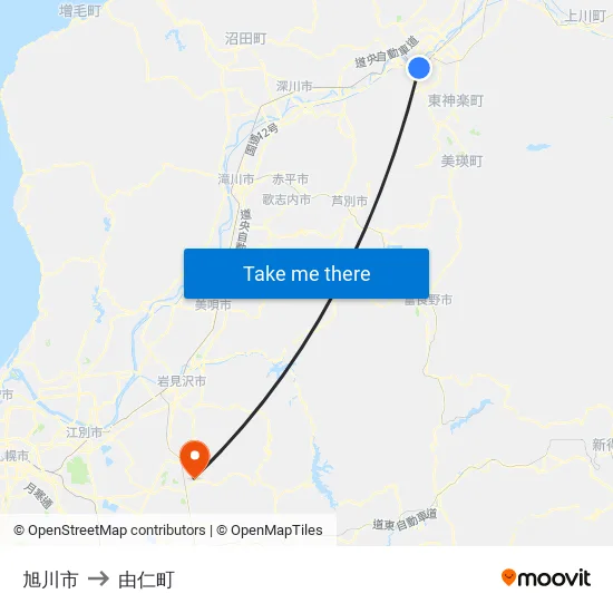 旭川市 to 由仁町 map