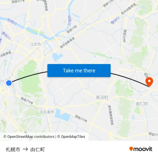札幌市 to 由仁町 map