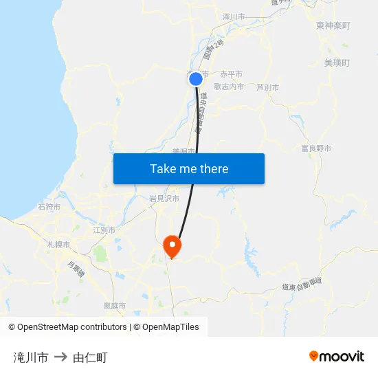 滝川市 to 由仁町 map