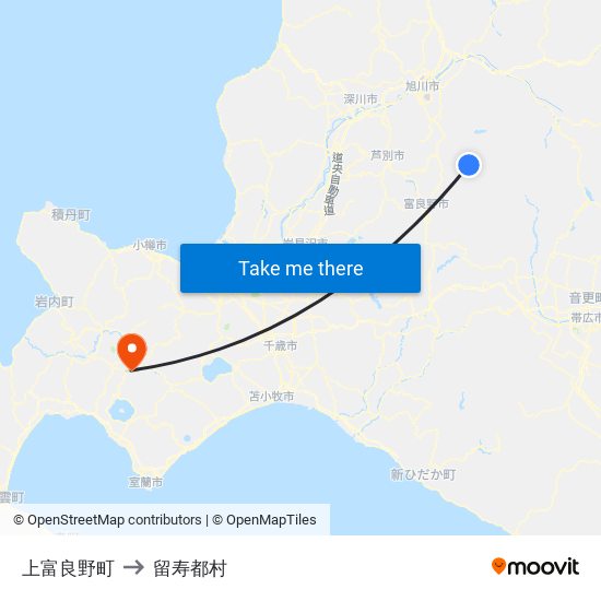 上富良野町 to 留寿都村 map