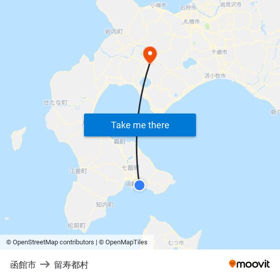 函館市 to 留寿都村 map