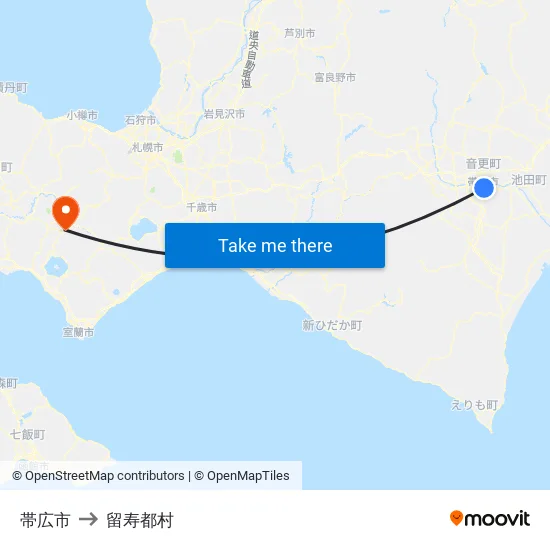 帯広市 to 留寿都村 map