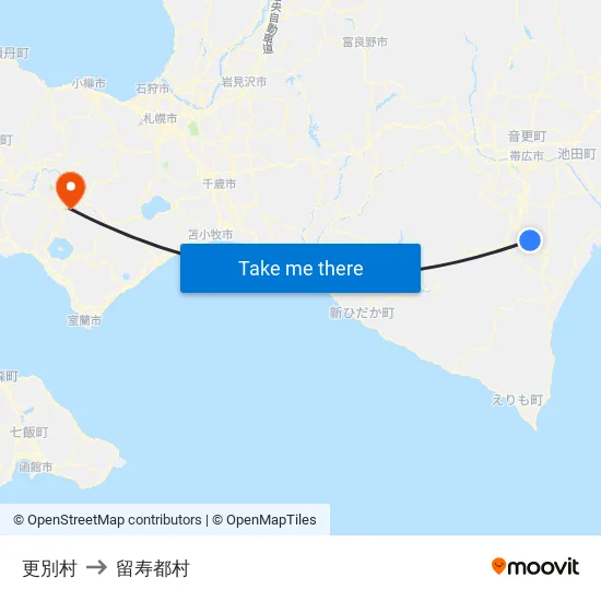 更別村 to 留寿都村 map