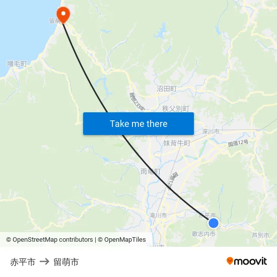 赤平市 to 留萌市 map
