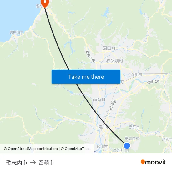 歌志内市 to 留萌市 map
