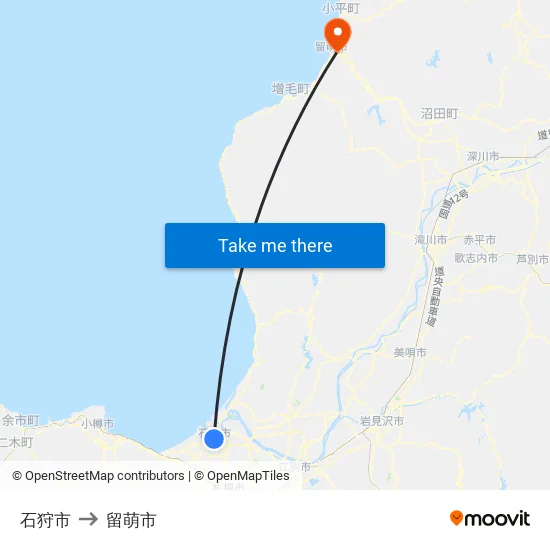 石狩市 to 留萌市 map