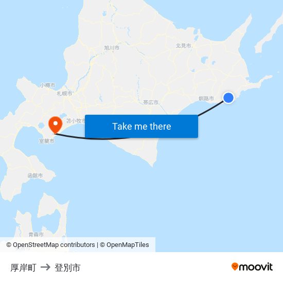 厚岸町 to 登別市 map
