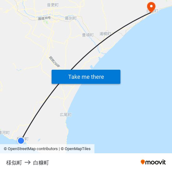様似町 to 白糠町 map
