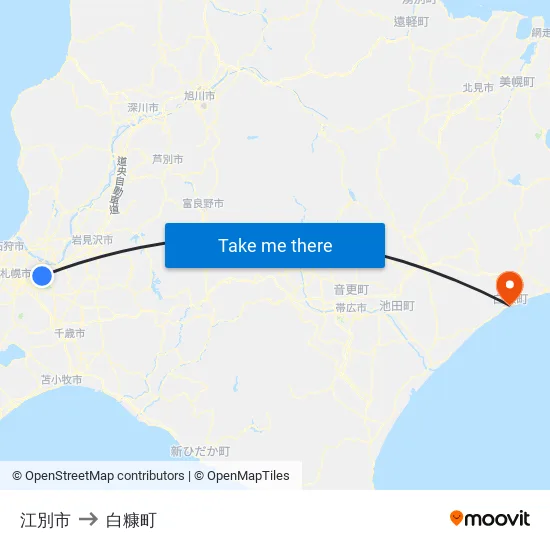 江別市 to 白糠町 map