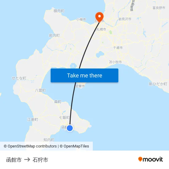 函館市 to 石狩市 map