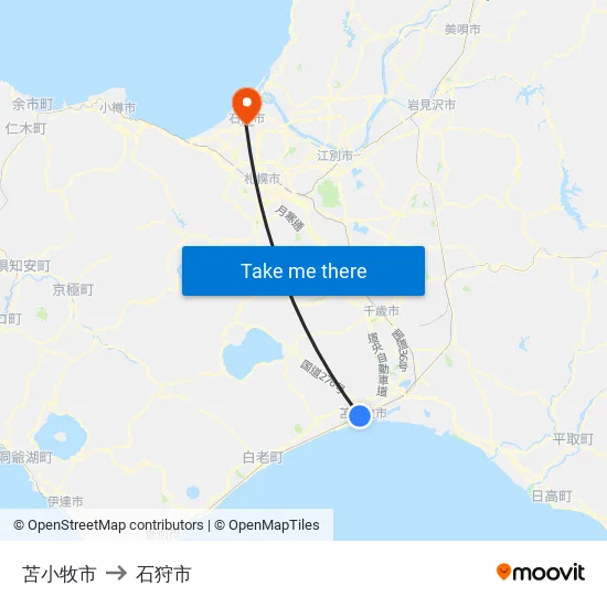 苫小牧市 to 石狩市 map