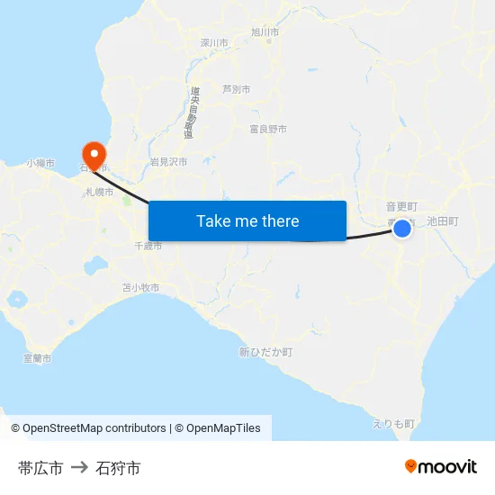 帯広市 to 石狩市 map