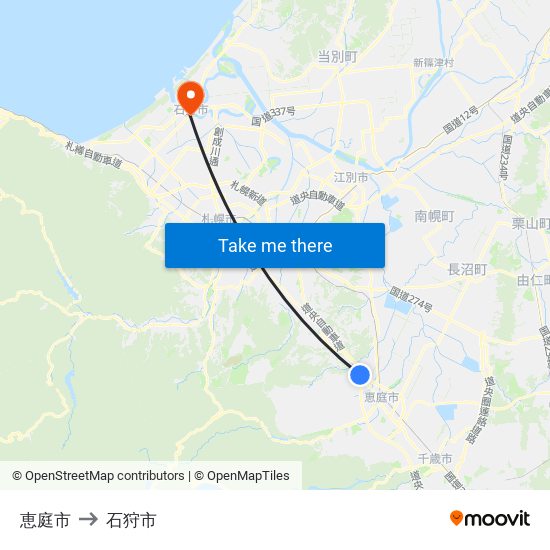 恵庭市 to 石狩市 map