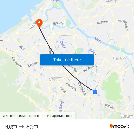 札幌市 to 石狩市 map