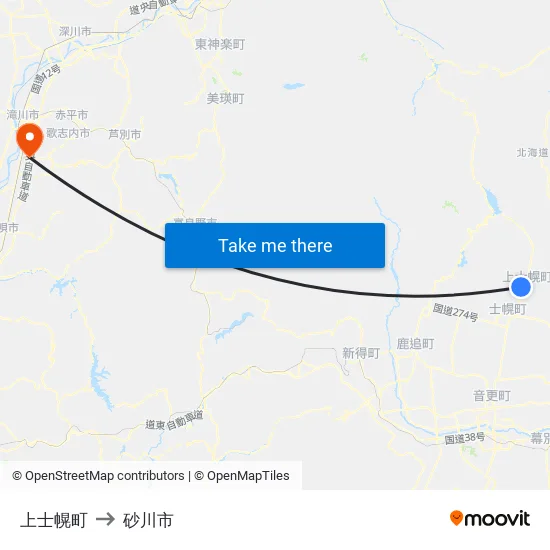 上士幌町 to 砂川市 map