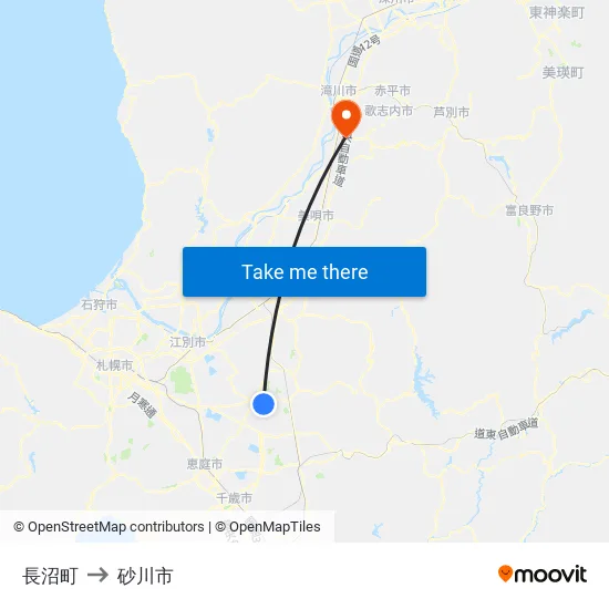 長沼町 to 砂川市 map
